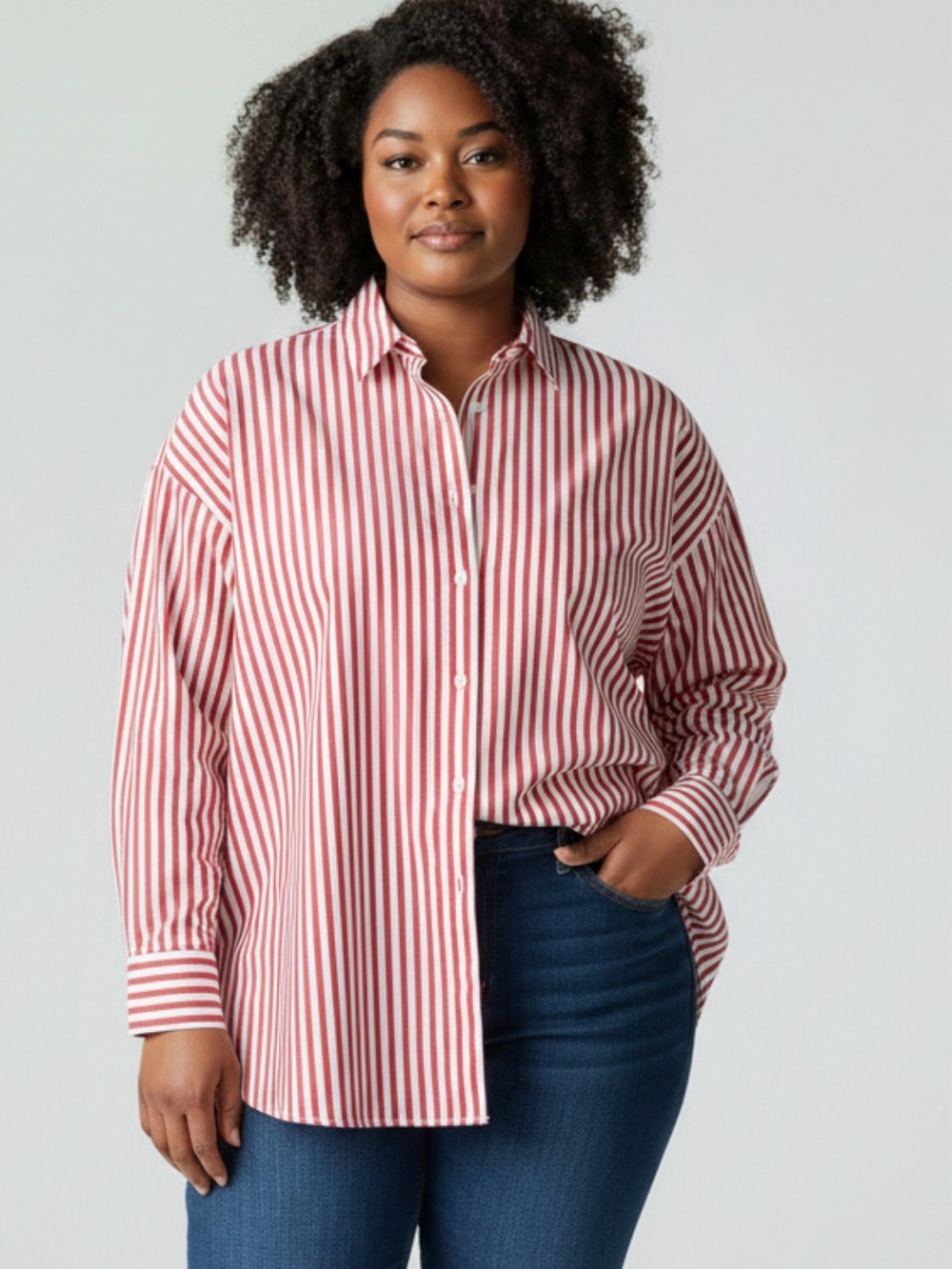 H&M Red and White Vertical Stripe Button-Down Shirt oversized